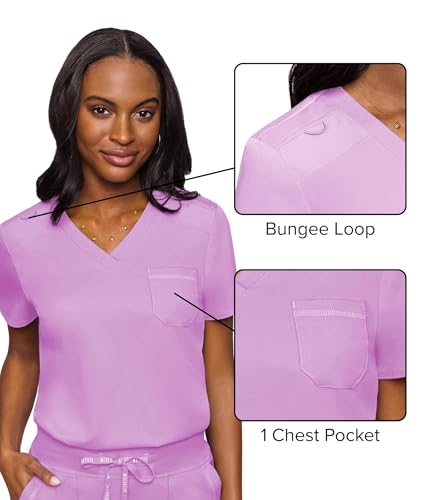 Image of Med Couture Women's V-Neck Scrub Top, Modern Fit Tuck-in Top with Stretchy Rib-Knit Shoulders and Chest Pocket - MC7448