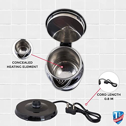 Image of SINGER Aroma Electric Kettle 1.8 Litres | 1500 Watts | Silver and Black | Stainless Steel | Cool-Touch Handle and Lid | Auto Shut Off | Tea & Coffee, Instant Noodles, Rice, Soups | 1 Year Warranty