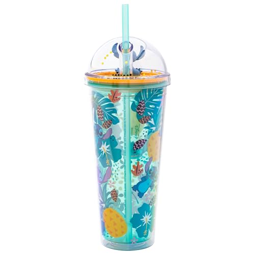 Image of Silver Buffalo Disney Lilo and Stitch Aloha, Dome Top Travel Tumbler, 24oz | Tropical Leaves Pattern, Glitter Finish, 0.71 Liters