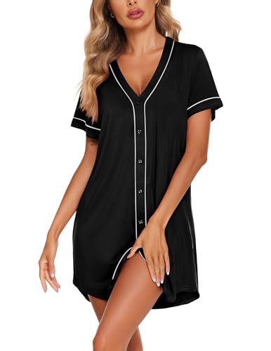 Image of Ekouaer Womens Nightgown Button Down Sleep Shirts Short Sleeve Nightshirt V-Neck Sleepdress Soft Sleepwer