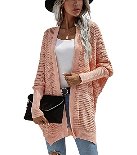 Image of Women's Waffle Cardigan Ribbed Cuffs Open Front Knit Sweater Batwing Long Sleeve Casual Loose Chunky Coat Outwear(S,pink2)