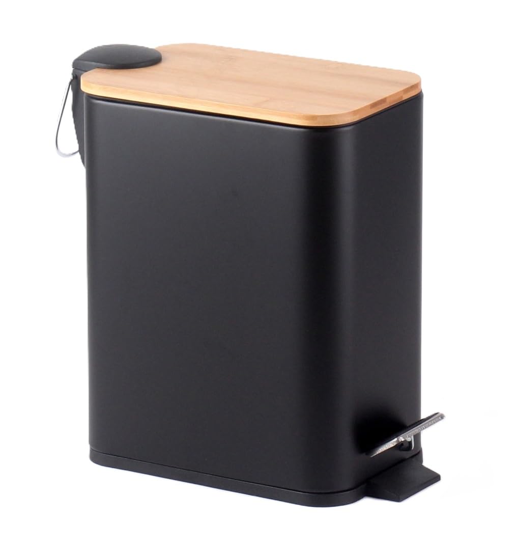 HOMION PEDAL BIN BATHROOM 5L SLIM RECTANGULAR REMOVABLE BUCKET WASTE DUST SLIMLINE EASY TO CLEAN 5 LITRE TOILET STAINLESS STEEL (Black With Bamboo LID)