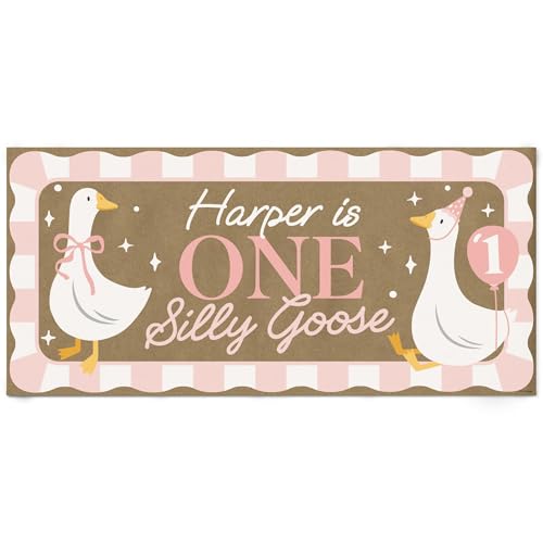 Big Dot of Happiness Personalized One Silly Goose Pink Kraft Paper Banner, Girl 1st Birthday Party Banner, Custom Name Printed Brown Paper Party Sign Decoration – 1 Count