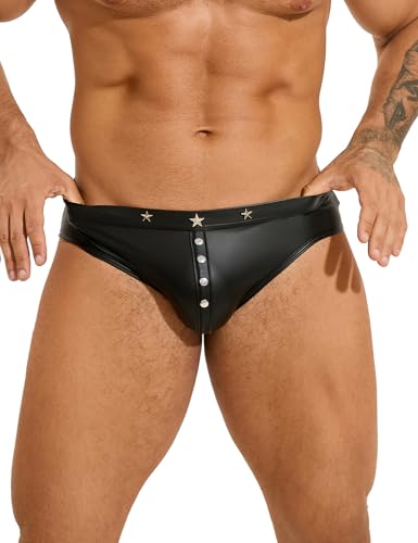 comeondear Men's Faux Leather Underwear with Punk Rivet Plus Size Leather Thong Underwear Black Low Rise Men Hipster