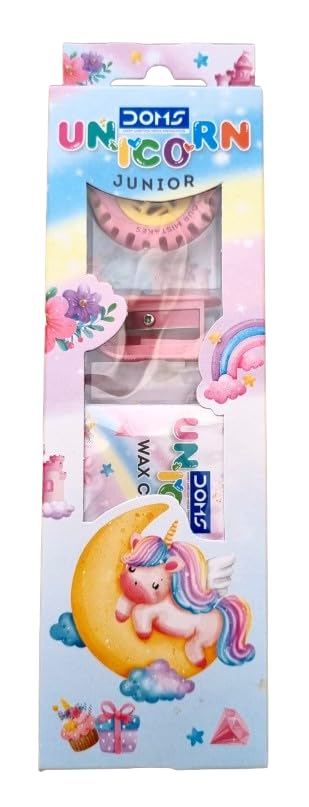 Image of Doms Unicorn Junior Kit | Combination of 4 Various Stationery Items: Pencil, Eraser, Pencil Sharpener, Wax Crayons | School Essentials for Kids | Official Merchandise