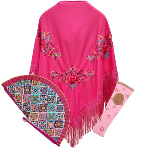 Planta Color Mantón, Abanico de Madera y Funda Artesanal para Abanico Hecha en España (Fucsia 2)
