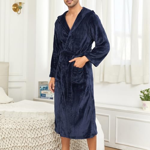 Mens Robe with Hood Plush Fleece Robe Soft Warm Bathrobe Fuzzy Long Spa Robes with Pockets Loungewear Sleepwear3