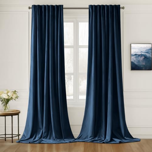 Image of MIULEE Navy Blue Velvet Pinch Pleat Blackout Curtains W52 X L90 Inches | 2 Panels,Luxury,Thermal Insulated,Super Soft,Back Tab & Rod Pocket,for Bedroom Living Room