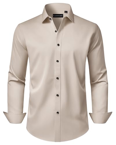 Lusead Mens Tan Dress Shirt Long Sleeve Slim Fit Formal Wedding Stretch Wrinkle Free Button Button Down Shirts