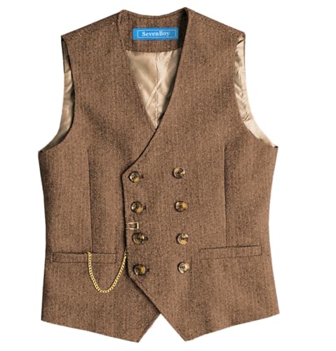 SevenBoy Men's Casual Suit Vest Regular Fit Wool Herringbone Waistcoat For Wedding and Party