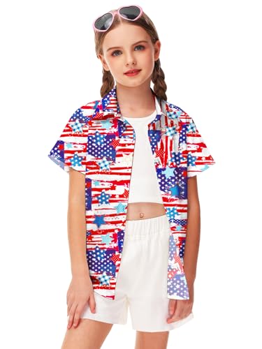 Image of Remimi Unisex Kids 4th of July Button Up Shirt Boys American Flag Print Hawaiian Beach Short Sleeve Tops 5-14 Years
