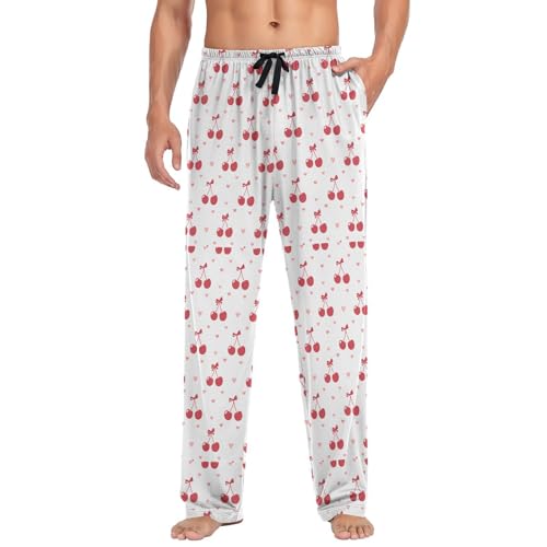 Men’s Cherries and Bows Pajama Pants with Pockets, Comfortable Lounge Sleep Bottoms#5053