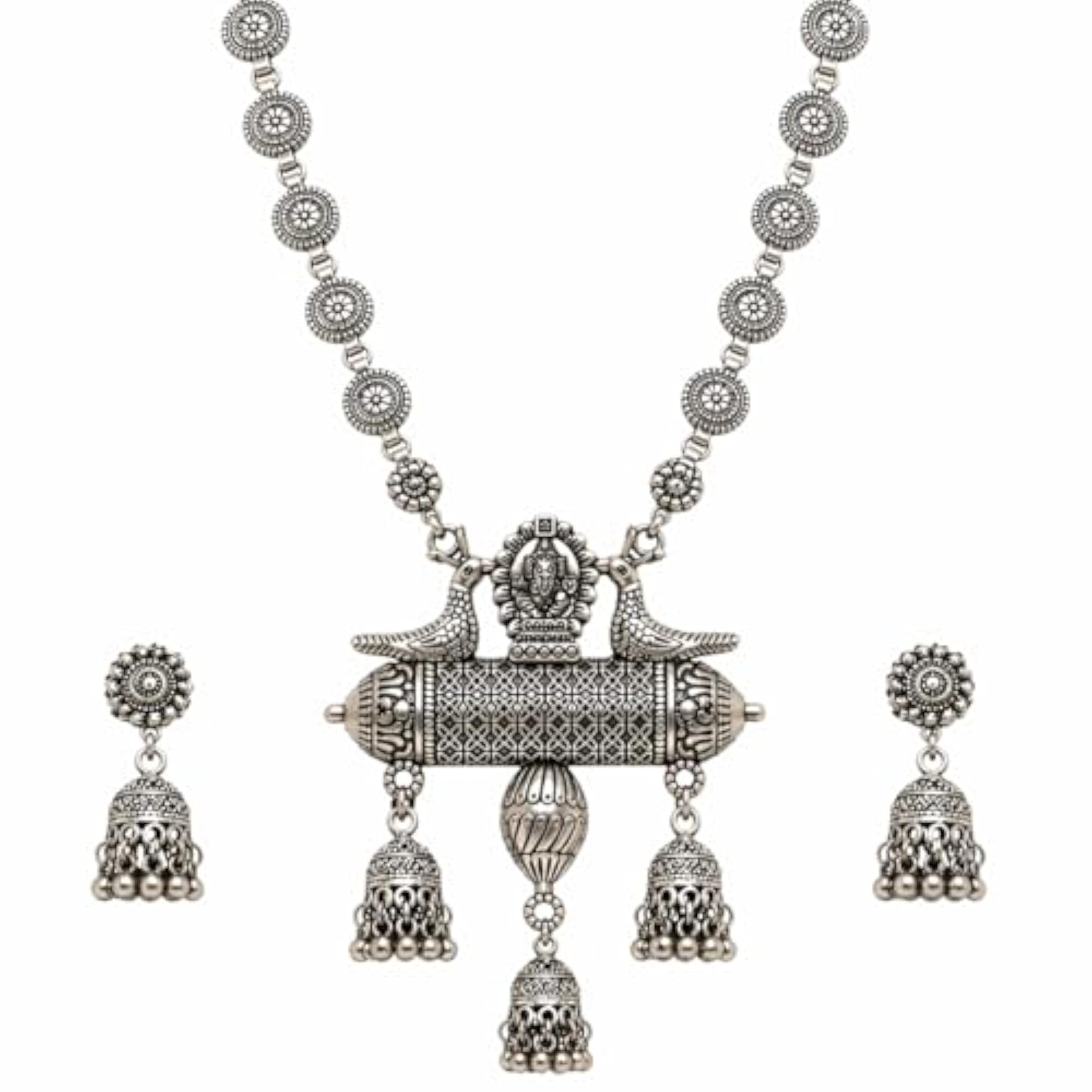 Oxidised Silver Long Necklace Set with Jhumka Earrings