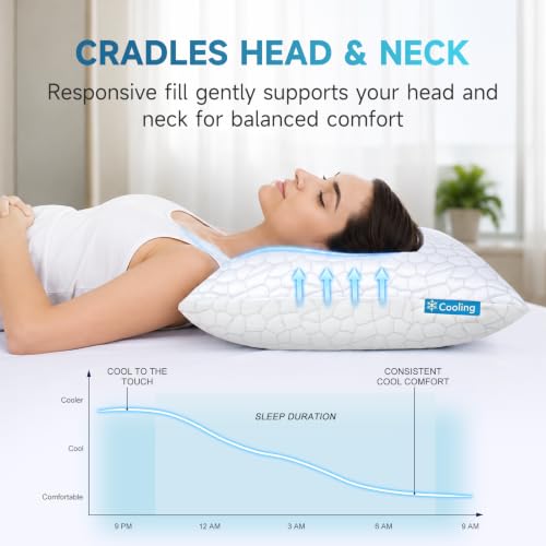 Image of QUTOOL Cooling Pillow for Sleeping, CertiPUR-US Shredded Memory Foam King Pillows Set of 2, Cool Pillow for Hot Sleepers Adjustable Firm Pillow for Side, Back, Stomach Sleepers Soft Yet Support, White