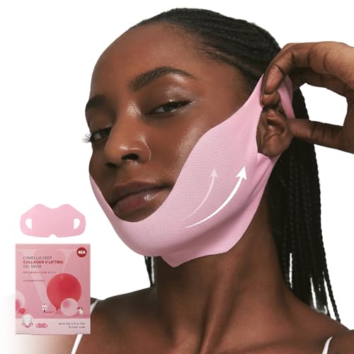 ROUND LAB Camellia Deep Collagen V Lifting Gel Mask 4ea | Double-chin Turkey Neck Instant Face Lifting Mask, Cooling and Depuffing Face Toning Belt, Firming Sagging Skin, Korean Skin Care, 10g/0.35oz