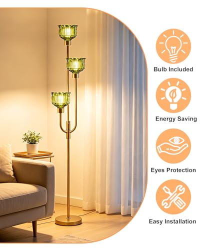 Image of Lightdot 3-Lights Modern Glass Floor Lamp 66IN Gold Dimmable Floor Lamps with 3000K Warm White Bulbs for Wedding Party Tall Standing Lamp with Green Glass Shade for Living Room /Bedroom /Home Decor