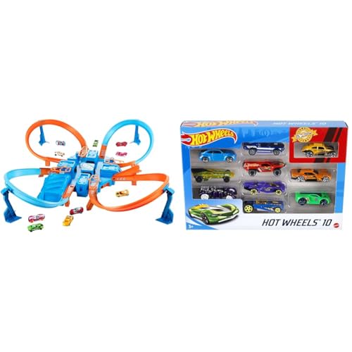 Image of Ultimate Hot Wheels Crashing Action with the Criss Cross Crash Track Set! [Amazon Exclusive] & Set Of 10 1:64 Scale Toy Trucks And Cars For Kids And Collectors (Styles May Vary) [Amazon Exclusive]