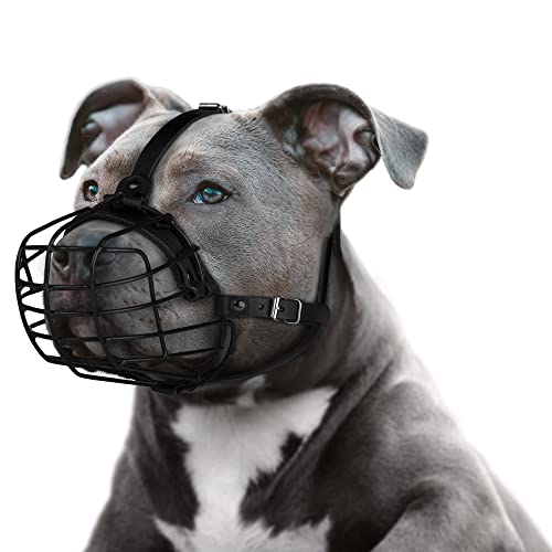 Pitbull Dog Muzzle Metal Mask Amstaff Secure Wire Basket Adjustable Durable Leather Straps For Large Dogs (Black) #TOP5