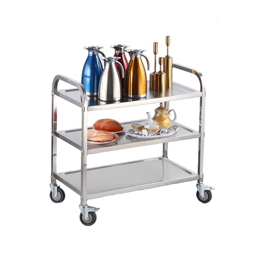 tonchean 3 Tier Stainless Steel Serving Trolley Rolling Utility Cart Serving Catering Trolley with Lockable Wheels for Home Restaurant Hotel Bar Weight Capacity 750 x 400 x 835 MM