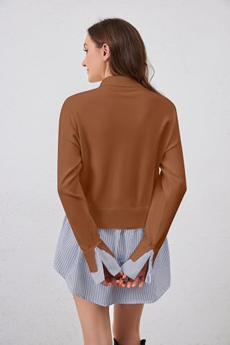 Image of MISSACTIVER Women Slit Turtleneck Patchwork Sweater 2 in 1 Buttons Down Pullover Knit Sweater Asymmetrical Hem Shirt Top