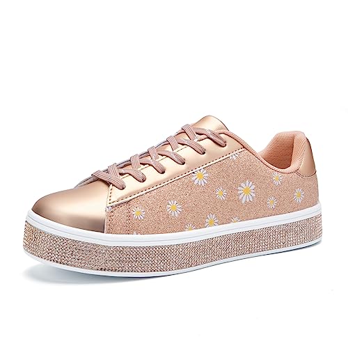 Image of UUBARIS Women's Glitter Tennis Sneakers Neon Dressy Sparkly Sneakers Rhinestone Bling Wedding Bridal Shoes Shiny Sequin Shoes