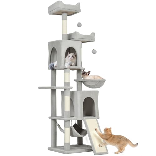 PawHut Tiragraffi per Gatti Alto 177 cm, Albero per Gatti Multilivello con 5 Pali Graffiatoi, 2 Grotte, 2 Cucce, 2 Amache, 2 Pompon, Piattaforma, Scala, Torre per Gattini, in Peluche, Grigio Chiaro