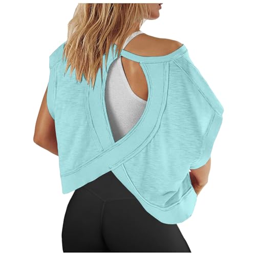 Workout Tops for Women Drop Sleeve Open Back Cropped Tees Yoga Gym Running Shirts Cute Casual Summer Tops Y2K Clothes
