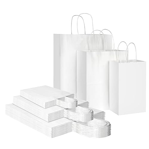 Toovip 90 Pack White Kraft Paper Bags with Handles Bulk 3 Assorted Sizes Gift Wrap Bags for Favors Grocery Retail Party Birthday Shopping Business Goody Craft Merchandise Take Out Sacks