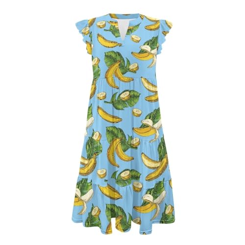 Image of Women's Casual Ruffle Sleeve Dress V Neck Pullover Dress Flowy A-Line Pleated Lightweight Dress with Pockets