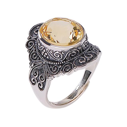 HMJGDHX Adornos de Anillo, Anillo de Citrino de Moda de Plata S925 Inusual para Mujer, Anillo de topacio Vintage Ajustable