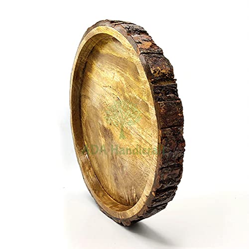 Image of ADA Handicraft Premium Handmade & Handcrafted Pakka Mango Wood Serving Tray For Food And Drinks (26 X 26 X 3.5 Cm) | Multipurpose Wooden Tray /Serving Platter Trays /Home Decor /Gift Items, Round