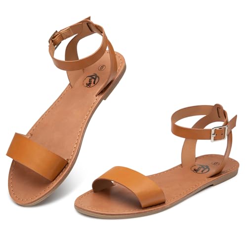 Image of Trary Women's Dressy Summer Leather Flat Ankle Strap Gladiator Open Toe One Band Two Tone Adjustable Metal Buckle Comfortable Wedding Sandals