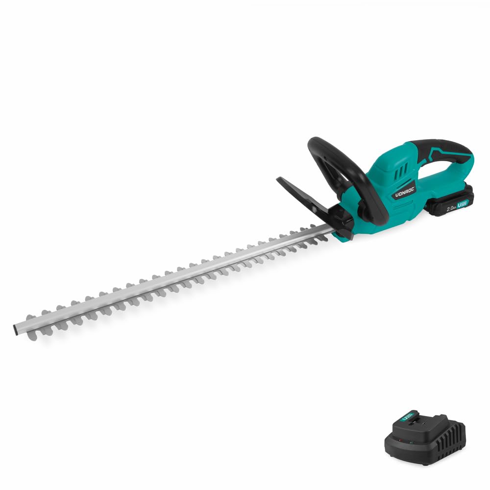 VONROC Akumulatorowe nożyce do żywopłotu 20 V – długość cięcia 520 mm – szerokość cięcia 14 mm – akumulator 2,0 Ah i ładowarka w zestawie