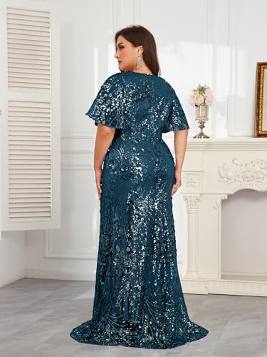 Image of Plus Size Glamous Short Sleeves Womens Sequin Dress Formal Gowns Evening Glitter Mermaid Prom Dress