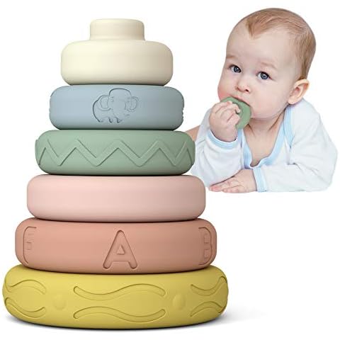 Mini Tudou 6 PCS Baby Stacking & Nesting Toys, Soft Stacking Blocks Ring Stacker, Baby Sensory Teether Toys with Letter, Animal and Shape, Early Learning Toys for Babies Toddlers Kids 6 Months Cover