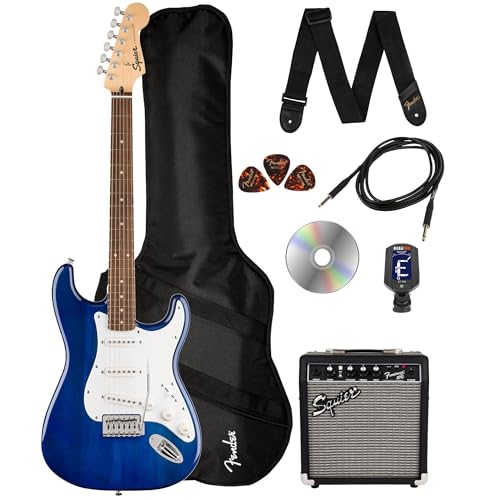 Fender Squier Sonic Stratocaster - Sapphire Blue Transparent Bundle with Frontman 10g Amplifier, Gig Bag, Instrument Cable, Strap, Tuner, Picks, and Austin Bazaar Instructional DVD