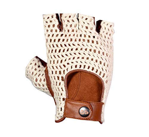 BUSINESS SQUARE BS Gants Mitaines de Conduite Homme en Cuir de Vachette et Crochet en Coton Tricoté Style Luxe Rétro Vintage - Gants Sans Doigts Ajustables pour Voiture Moto Vélo Cyclisme Marron Camel