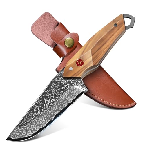 TAN REN Cuchillo De Damasco De 10,4 Cm, Cuchillo De Supervivencia Para Exteriores, Cuchillo Caza Con Hoja Fija Y Funda, Cuchillo Bushcraft Y Acampada, Ideal Para Senderismo, Pesca Y Caza