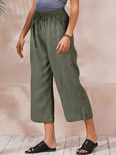 ECUPPER Womens Linen Cropped Pants Loose Casual Capri Cotton Wide Leg Plus Size Elastic Waist with Drawstring Trouses - Image 3