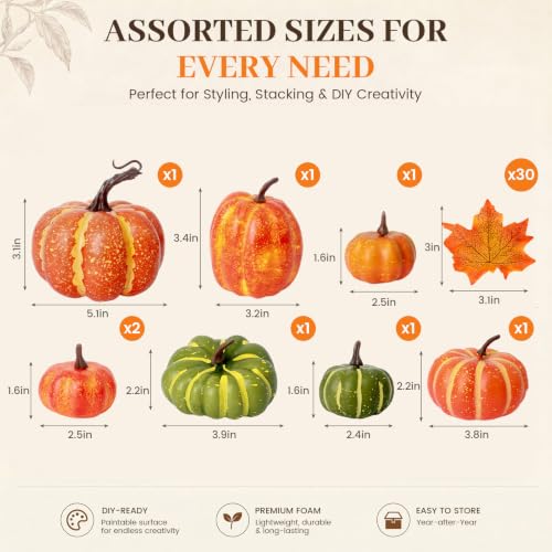 Image of DomeStar 38 PCS Fake Pumpkin Set, 8 PCS Pumpkins for Decorating, Fall Table | 30 PCS Maple Leaves Thanksgiving Fall, Harvest Decorations for Home, Decor