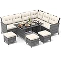 Tangkula 7 Pieces Patio Dining Furniture Set, Outdoor PE Rattan Sectional Sofa Set with Soft Cushions, Ottomans and Tempered Glass Table, Wicker Conversation Set (Mix Gray + Off White)