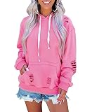 Melliflo Oversized Ripped Sweatshirts for Women Pocket Hooded Pullovers Solid Color Loose Trendy Hoodies Fall Tops(Pink. Small)