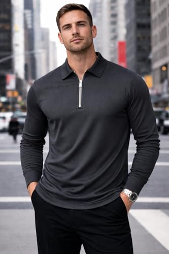 Image of Mack Jonney Men's Premium Ribbed Half-Zip Polo T-Shirt | Long Sleeve Soft Stretch Fabric | Stylish Casual & Smart Wear Top-M6783
