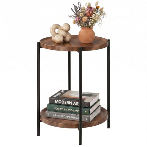 TeoKJ 2 Tier Small Side Table, Folding Round Metal End Table with Two Removable Wooden Tray, No Assembly Nightstand for Bedroom Living Room Bedside Round Bedside Table for Small Spaces, Walnut