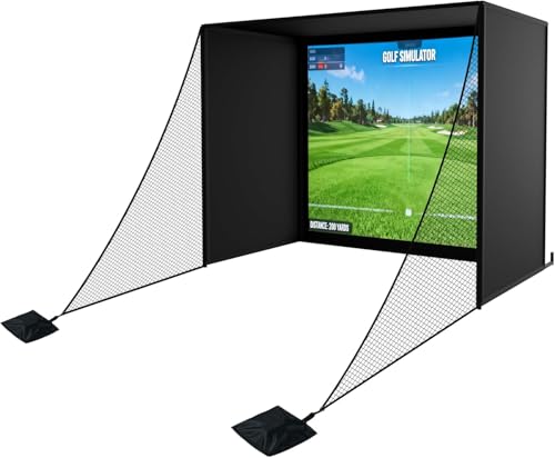 Golf Simulator Enclosure 10 x 8 ft, All-in-One Set with Steel Frames, Premium HD Impact Screen, Blackout Curtains, Side Nets & Sandbags, 5x4ft Premium Dual-Turf Golf Hitting Mat