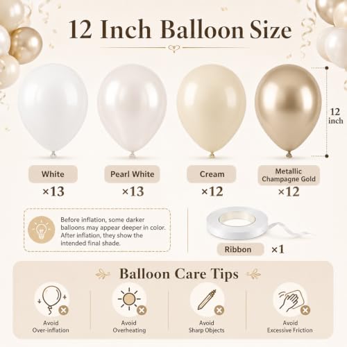 Image of Beige White Pearl Balloons, 50PCS Nude Metallic Champagne Gold Cream White Double Stuffed Balloon Neutral Ballons for Birthday Boho Wedding Anniversary Engagement Party Decoration