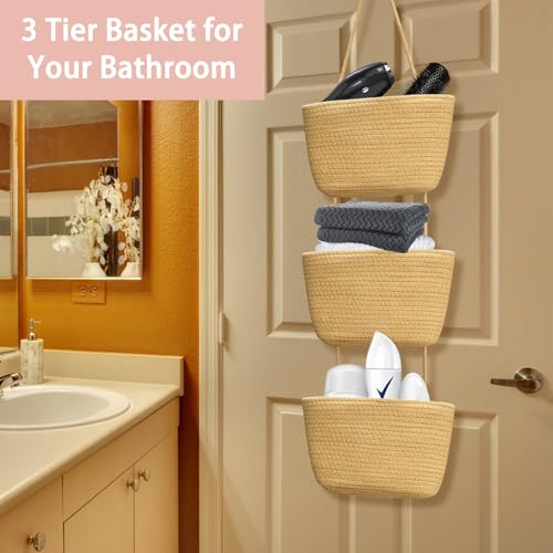 WATUNID Over Door Storage Hanging Basket, 3 Tier Wall Mount Hanging Storage Basket with 4 Pcs Hooks, Woven Cotton Rope Storage Basket Decorative for Bedroom, Living Room, Bathroom, Nursery(Jute) - Cosy Home Interiors WATUNID Over Door Storage Hanging Basket, 3 Tier Wall Mount Hanging Storage Basket with 4 Pcs Hooks, Woven Cotton Rope Storage Basket Decorative for Bedroom, Living Room, Bathroom, Nursery(Jute) - Image 4