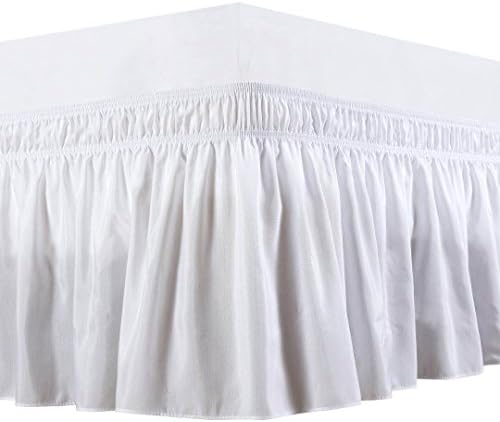 Bedding Overseas Three Fabric Sides Wrap Around Elastic Solid Bed Skirt, Easy On/Easy Off Dust Ruffled Bed Skirts 14 Inch Tailored Drop (White Queen )