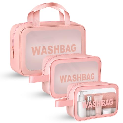 Image of CATRON Makeup PVC Water-Resistant Cosmetic Bag Set 3 Wash Bag Pouch for Multifunctional Travel Kit Toiletry Bag Portable Organizer Case Carry Pouch for Women Bathroom Set (Pink)
