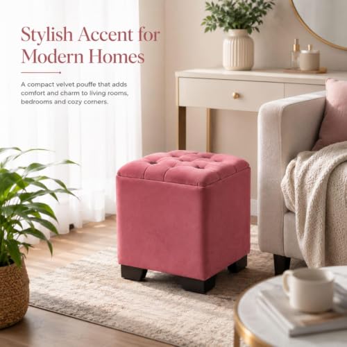 Image of Velvet Cube Ottoman | Seating Stool for Living Room | Soft Cushioned Footrest Stool with Durable Plastic Legs | Multipurpose Seating, Side Table & Pouffe Home Decor, 12x12x14 inch (Gajri)